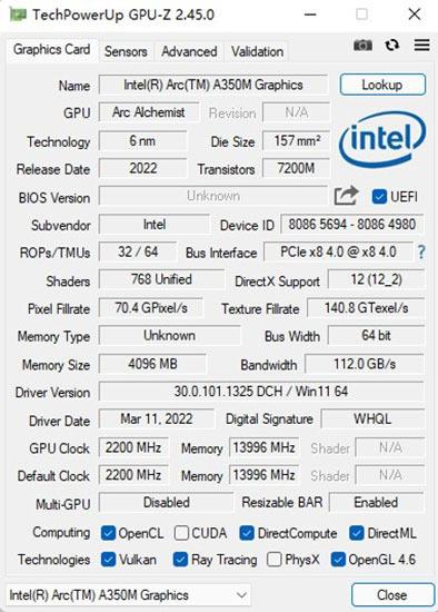 GPU-Z et Intel Arc : première victime, l'A350M !