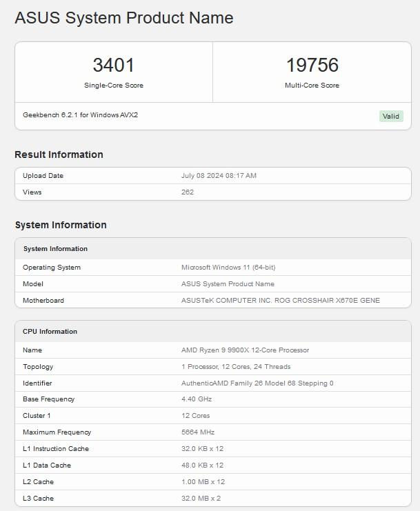 score geekbench ryzen 9 9900x 8 juillet 2024