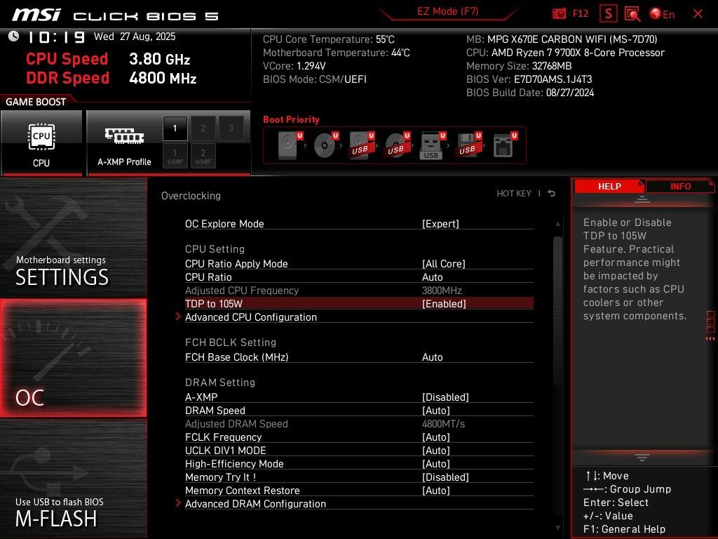 tdp 105 w ryzen 7 9700x msi