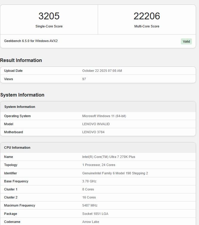 core ultra 7 270k plus geekbench