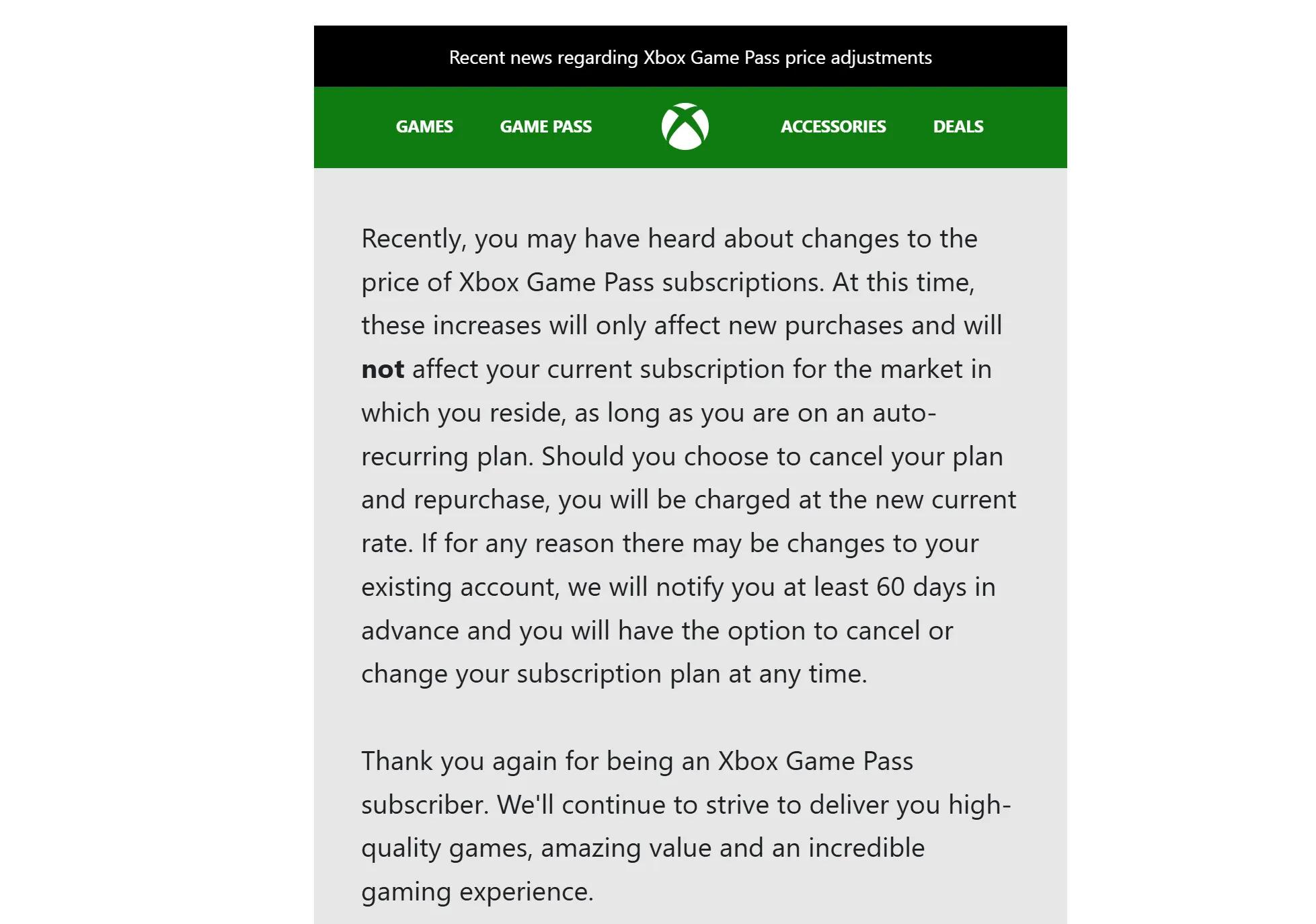 game pass courrier non hausse