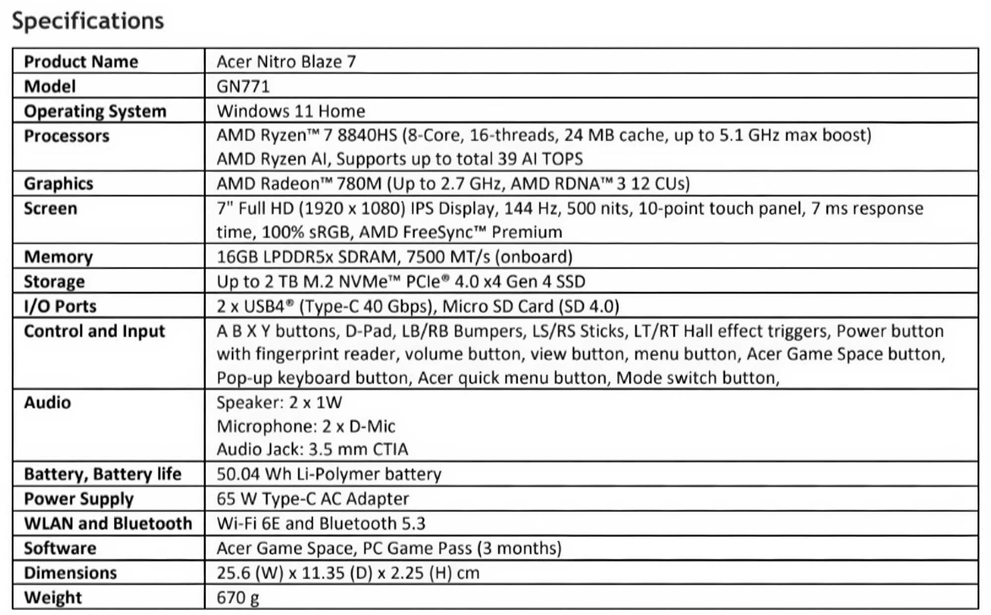 acer nitro blaze 7 specs