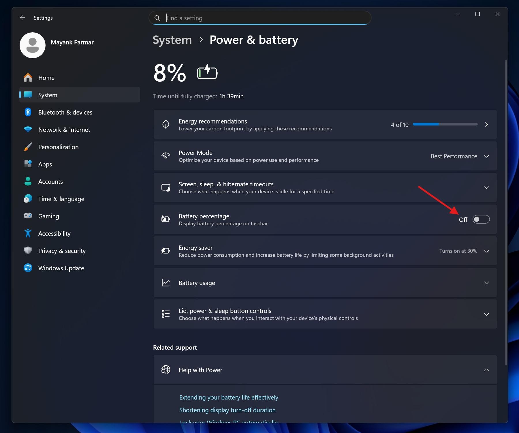 windows 11 show battery percentage