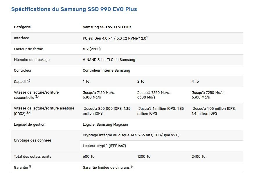 spec samsung 990 evo plus