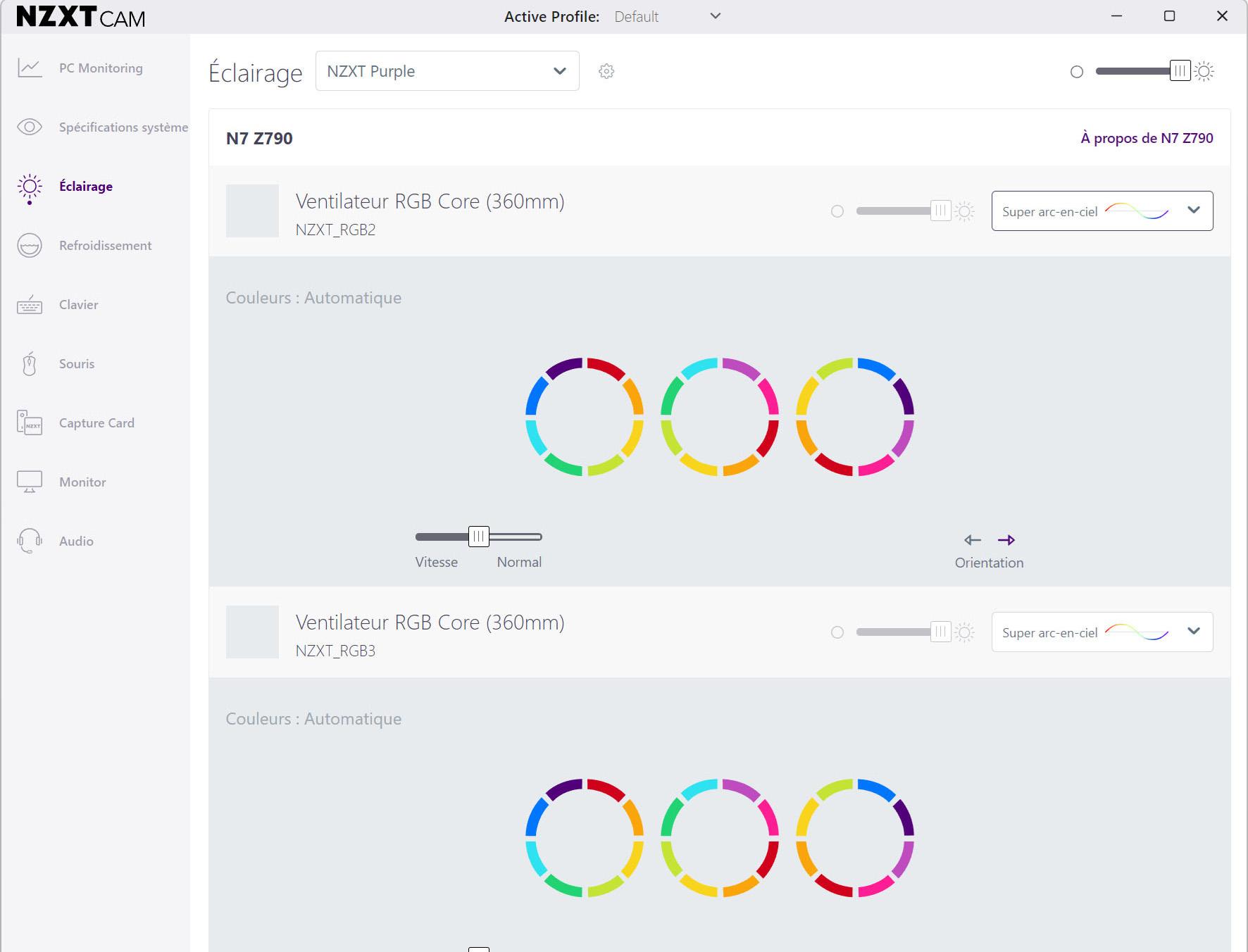 L'UI du soft NZXT CAM qui permet de gérer les effets lumineux. On aurait quand même apprécié un peu plus de réglages fins.