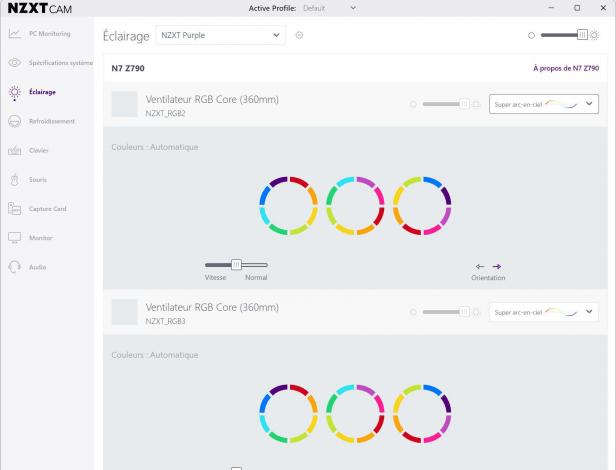 L'UI du soft NZXT CAM qui permet de gérer les effets lumineux. On aurait quand même apprécié un peu plus de réglages fins. [cliquer pour agrandir]