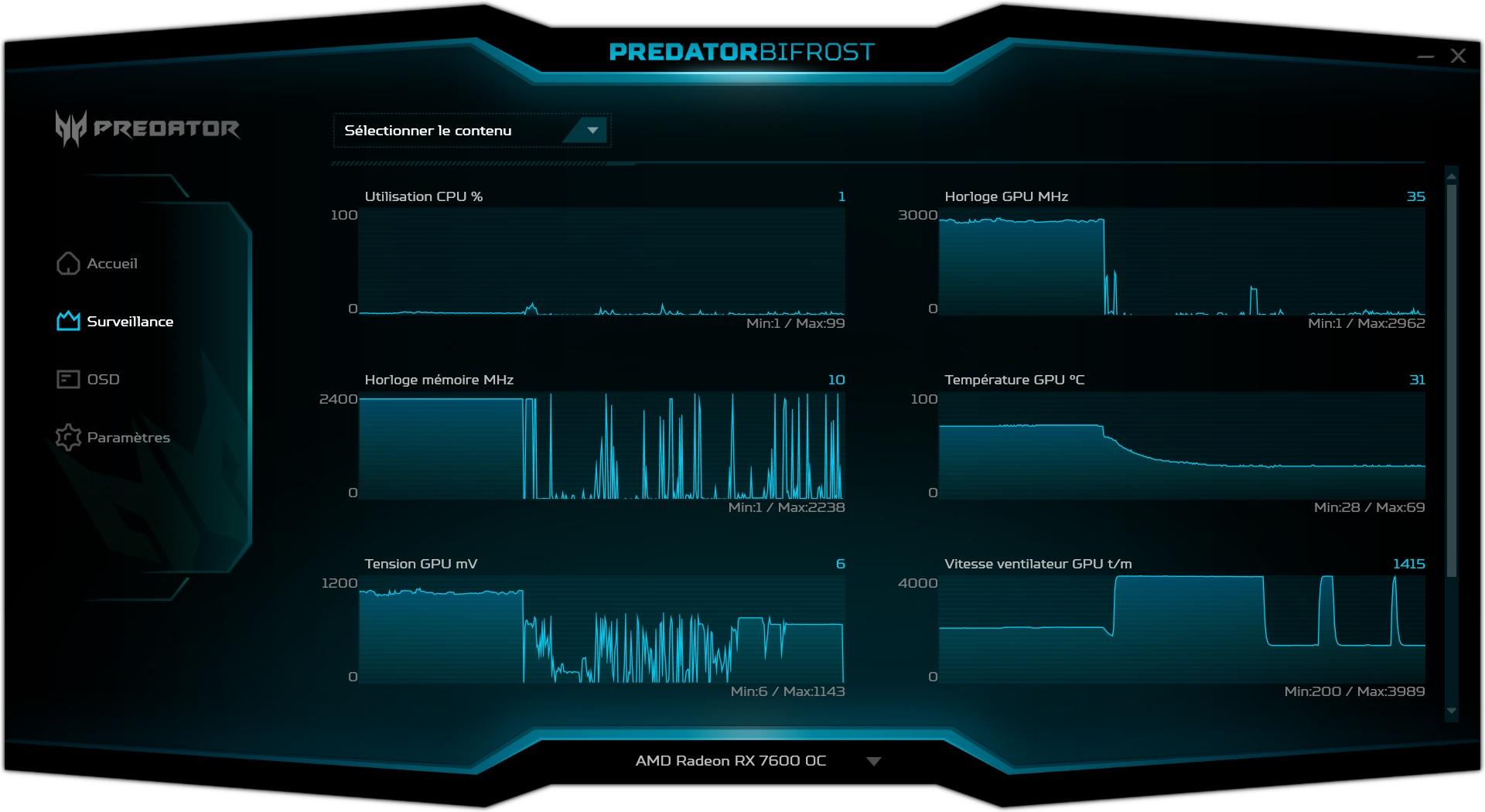 Le logiciel Acer Pedrator Biifrost Utility, page de monitoring