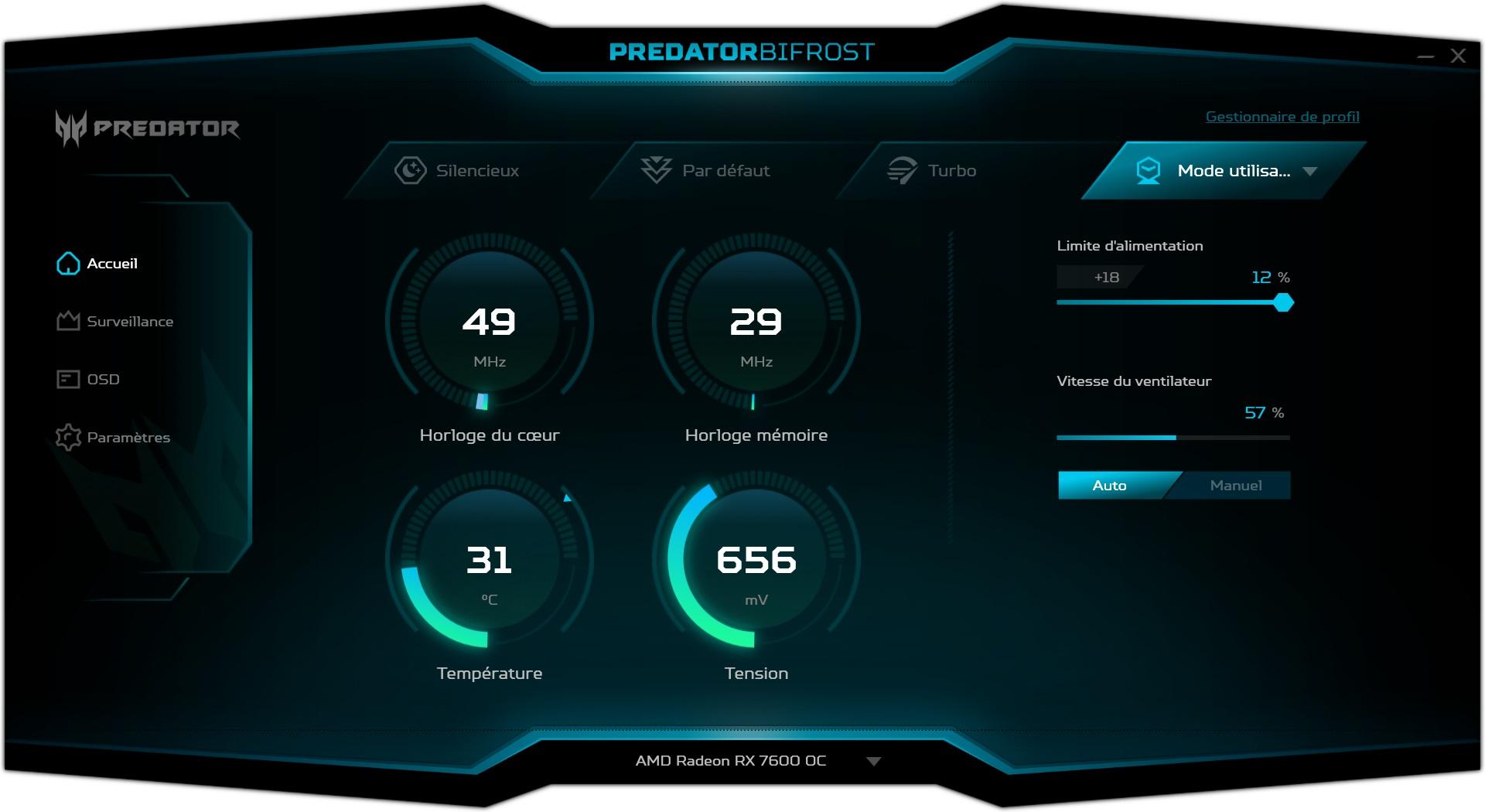 Le logiciel Acer Pedrator Biifrost Utility, profil utilisateur