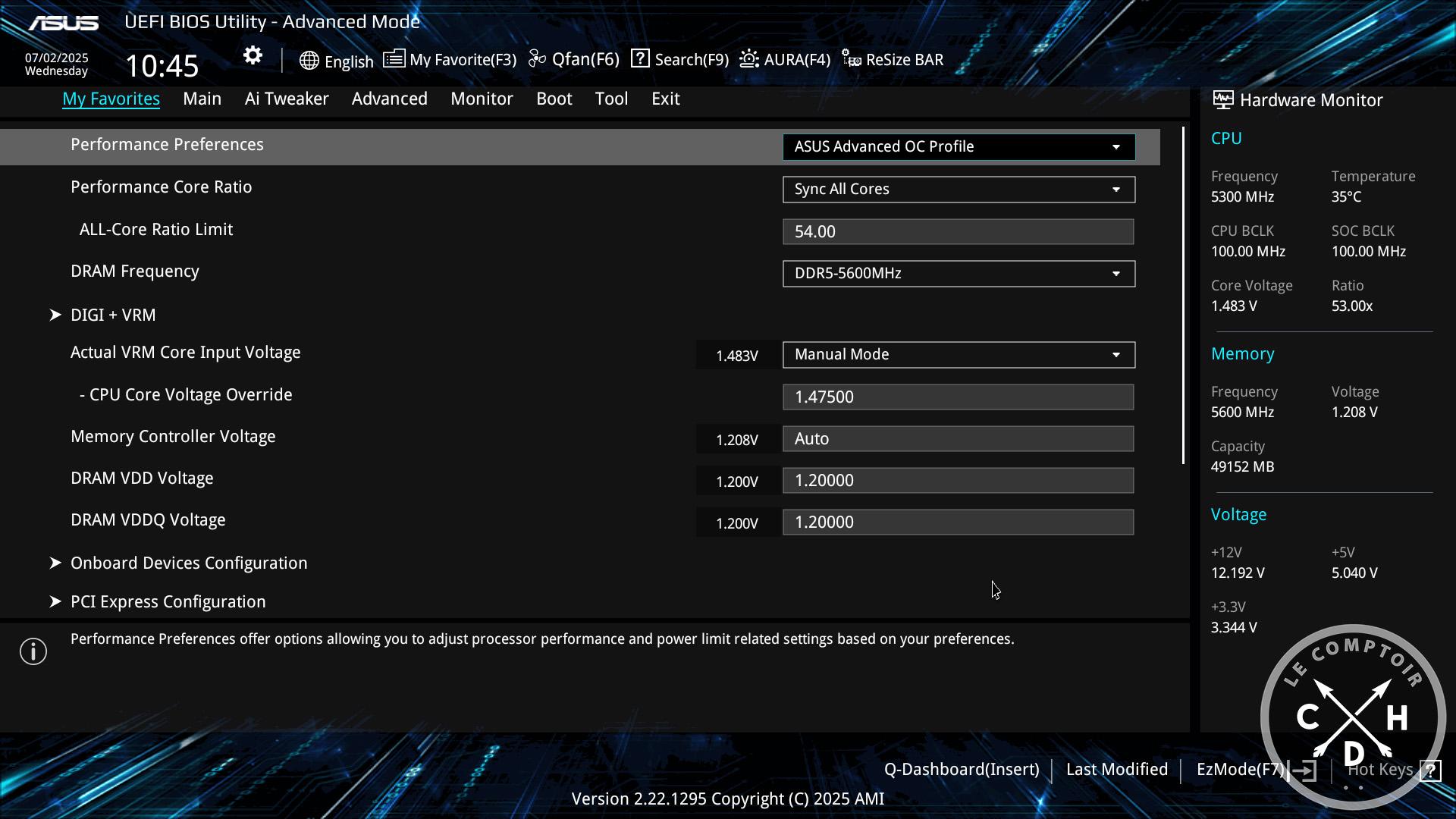 La page regroupant les réglages favoris 