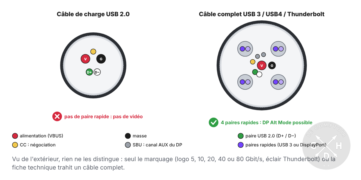câble USB-C USB 2.0 contre câble complet : vidéo ou pas
