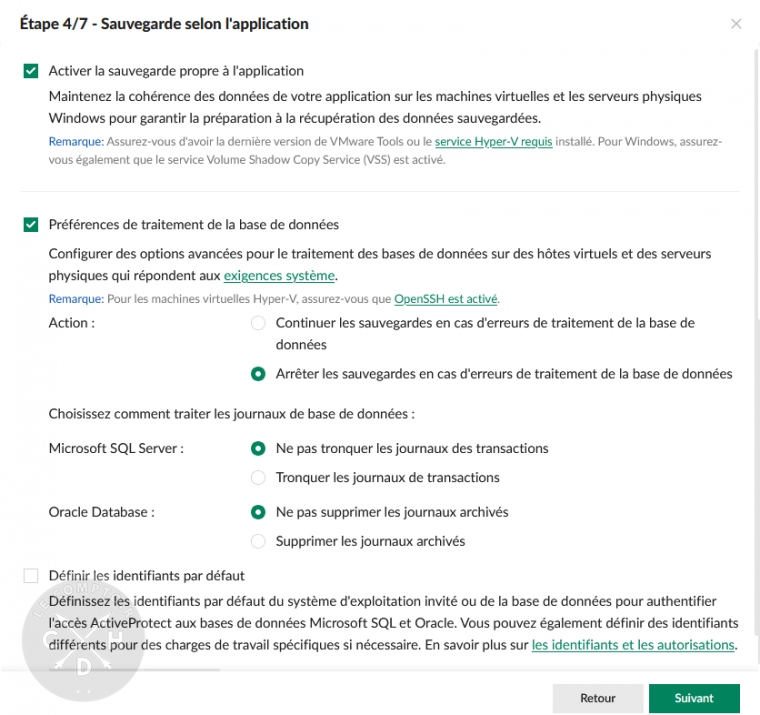 APM définition du plan de protection / sauvegarde par application [cliquer pour agrandir]