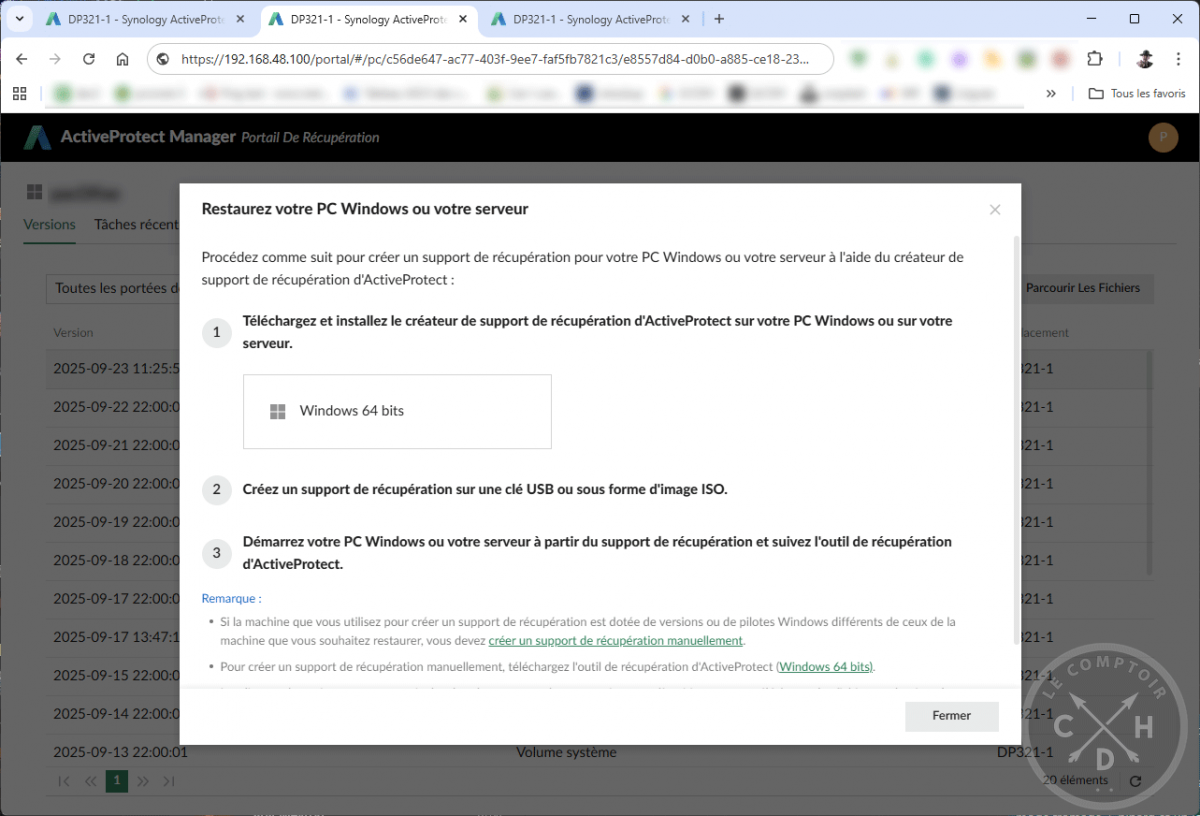 APM / machine windows / portail de récupération / restauration complète [cliquer pour agrandir]