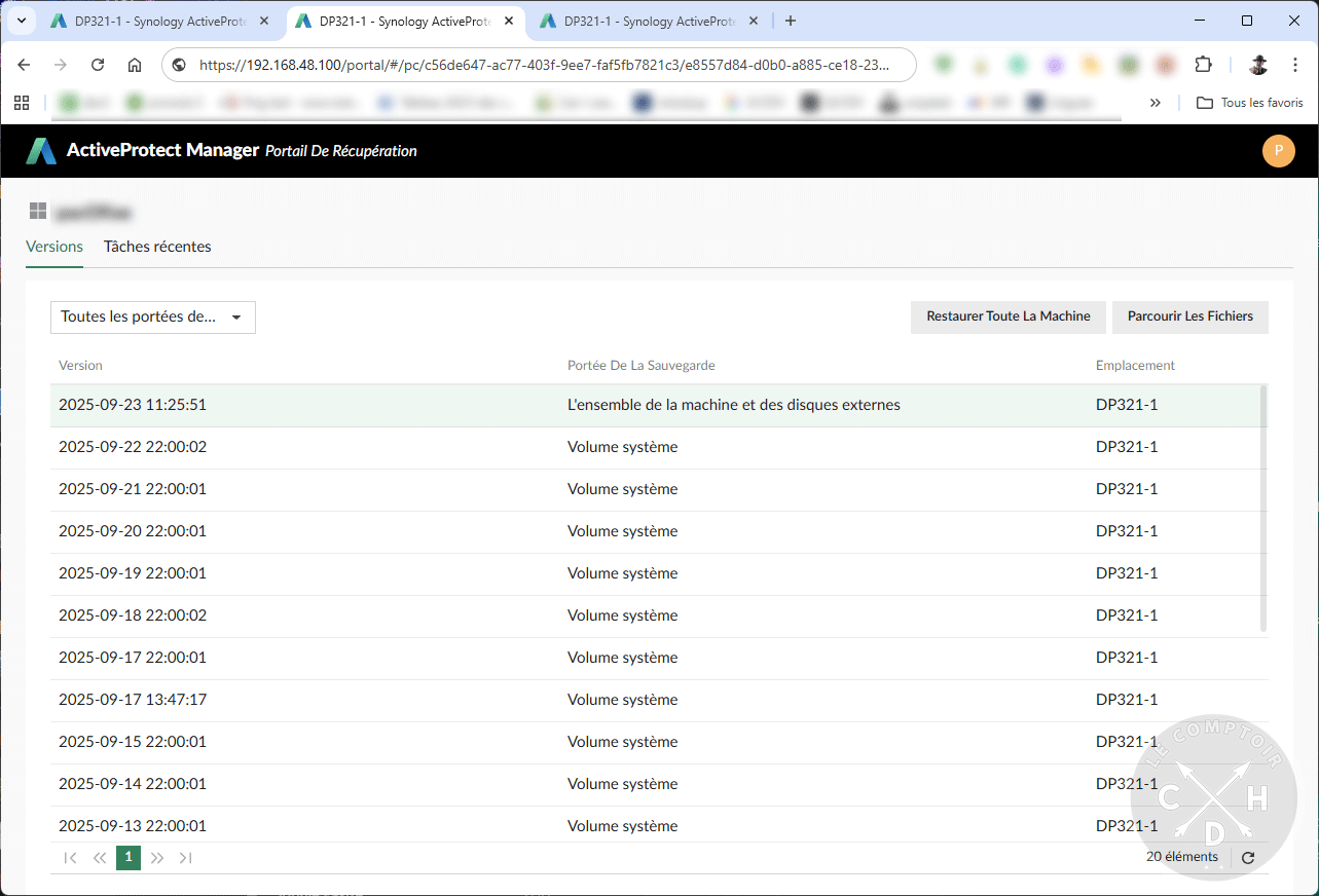 APM / machine windows / portail de récupération