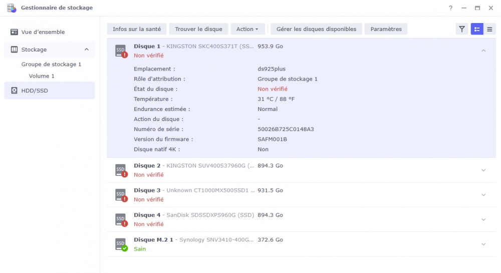ds925+ gestionnaire stockage / ssd non certifiés [cliquer pour agrandir]